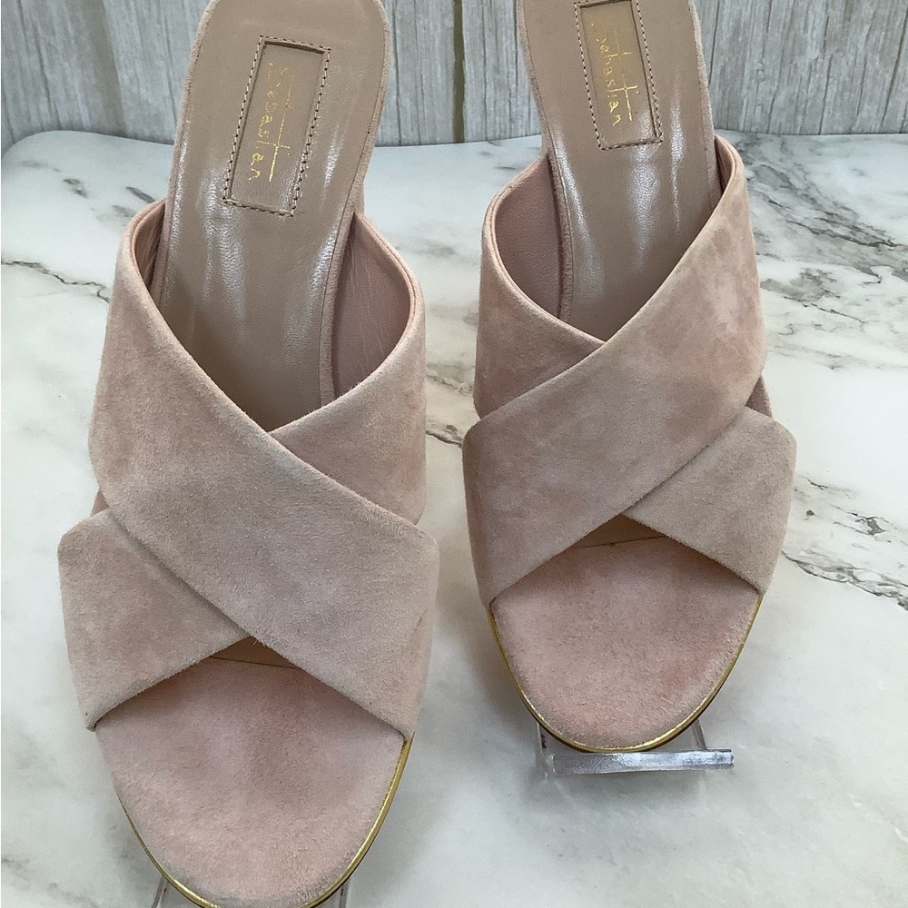 NIB Sebastian Milano Blush Suede Sandals with Gold Accents